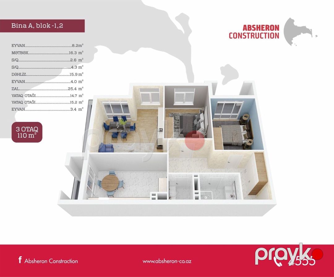 Satılır 3 otaqlı yeni tikili 110 m² — Mənzil, Bakı (8)