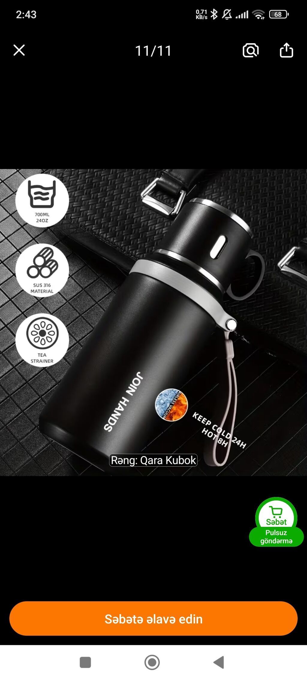 Rəng - Qara, Termos, Paslanmayan polad, 0,7 bucket volume l, Yaponiya — Mallar, Bakı (3)