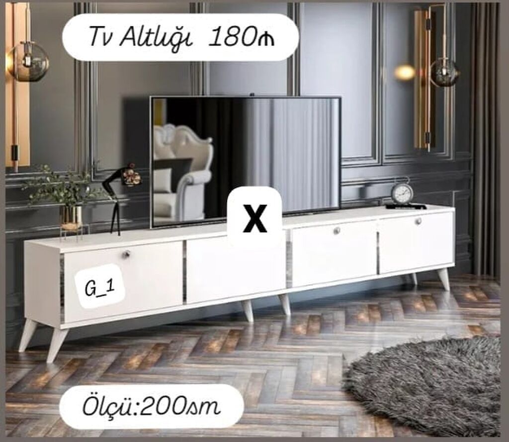 Ağ rəngdə, müasir dizaynlı TV altlığı. - Ölçü: 200 sm (uzunluq). - — Mebel, Bakı