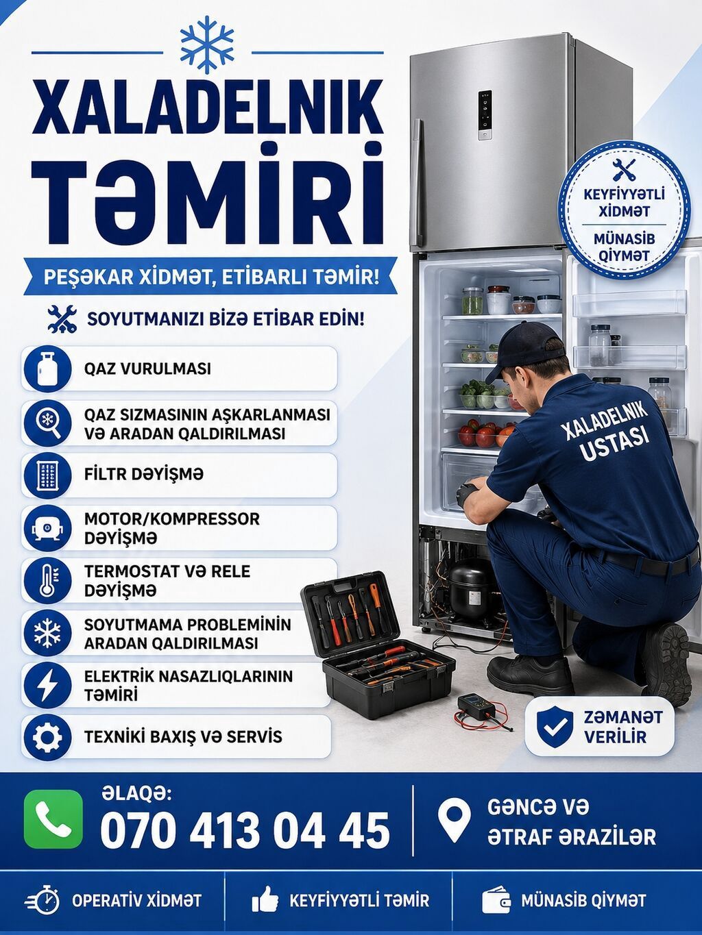 Xaladəlnik təmiri xidməti Peşəkar xidmət, etibarlı təmir. Soyutmanızı — Xidmətlər, Gəncə