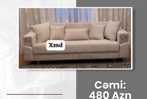Bej rəngli, müasir dizaynlı divan: - Üç nəfərlik, yumşaq toxumalı — Ucuz serfeli Mebel — Divanlar
