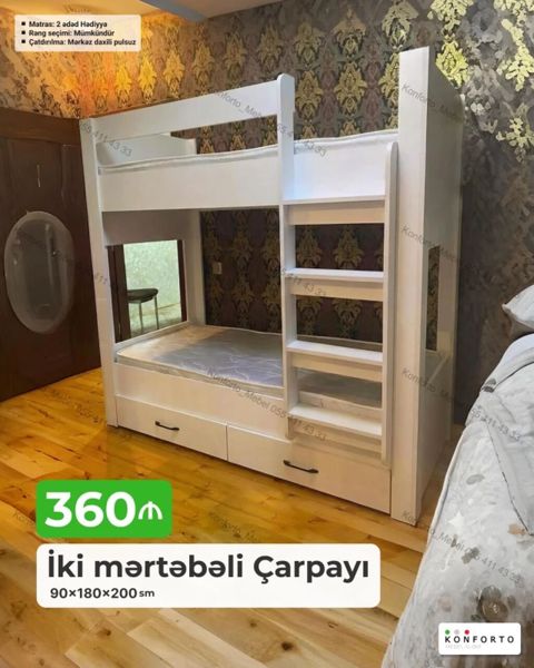 İki mərtəbəli çarpayı – 90×180×200 sm Xüsusiyyətlər: - Korpus: ağ