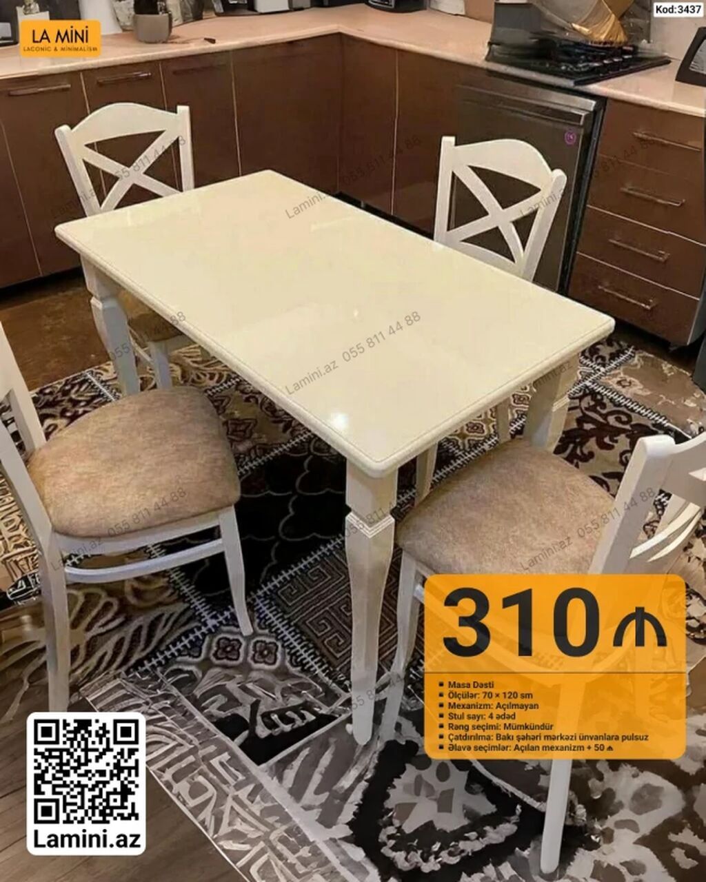 Masa dəsti - Ölçülər: 70 × 120 sm - Mexanizm: Açılmayan - Stul sayı — Mebel, Bakı