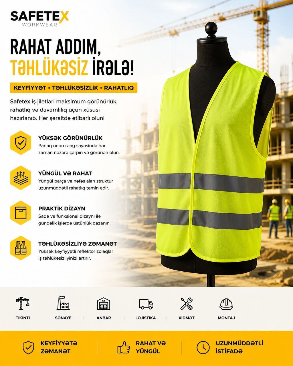 Safetex İş Jiletləri (Sarı, Standart Ölçü) — Qorunma vasitələri, Digah (4)