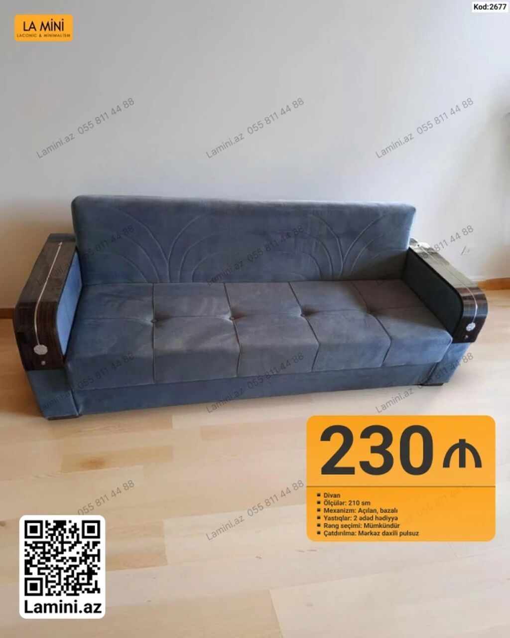 Divan – kod: 2677 - Ölçü: 210 sm - Mexanizm: açılan, bazalı - — Mebel, Bakı