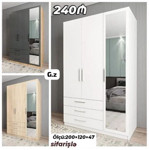 Üç qapılı, güzgülü paltar şkafı – sifarişlə. - Ölçü: 200 × 120 × 47 sm — Ucuz serfeli Mebel — Şkaflar