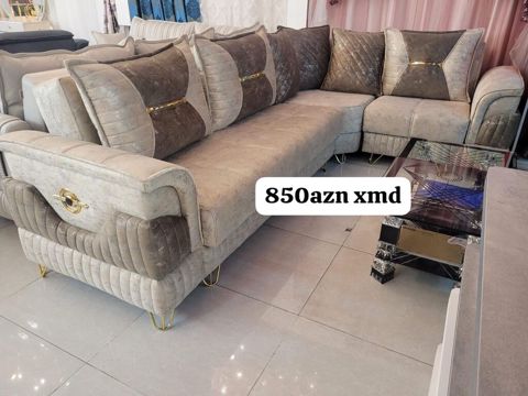 Künc divan dəsti - L formalı künc divan, zərif krem-boz rəng — Ucuz serfeli Mebel — Soft furniture sets