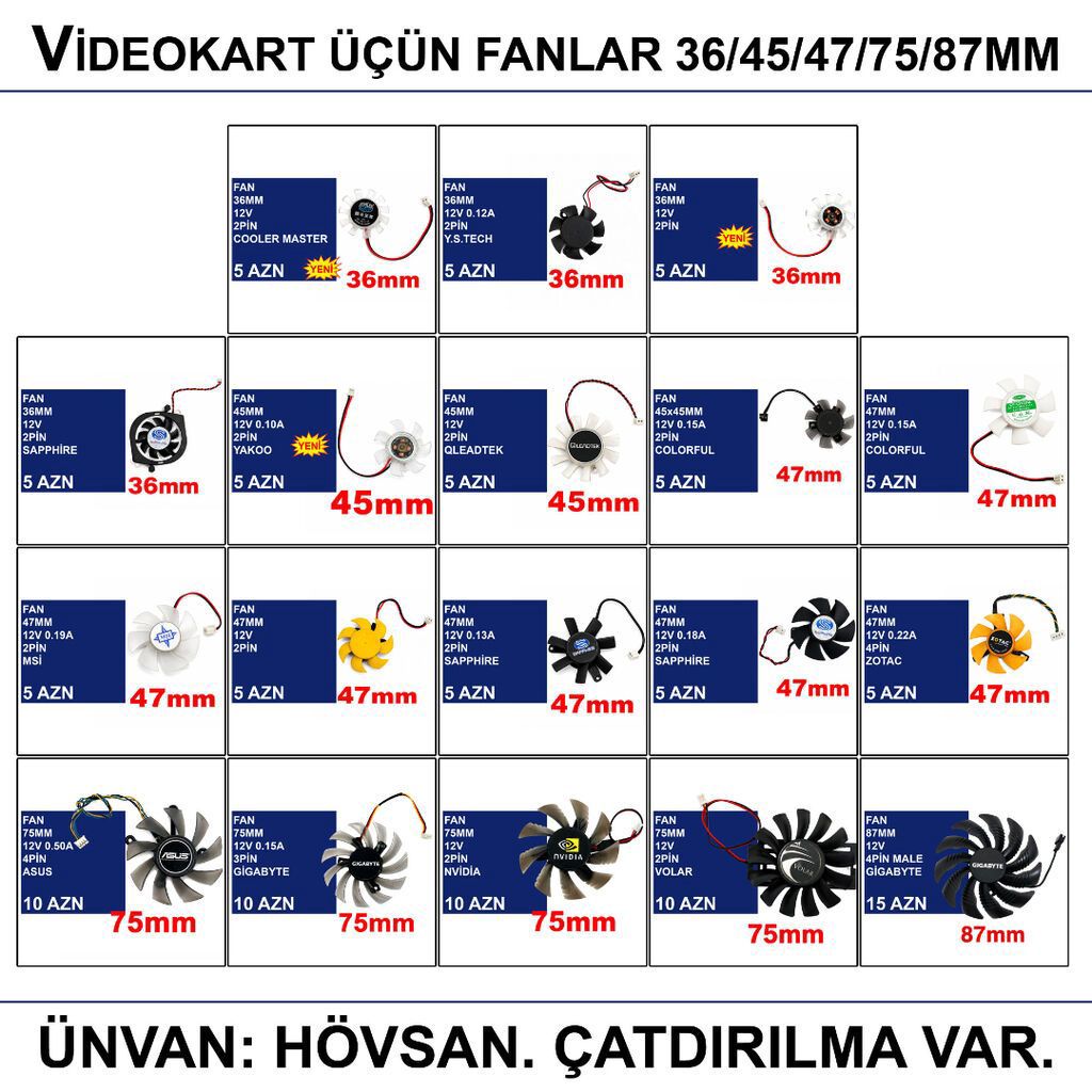 Videokart üçün Fanlar “36/45/47/75/87mm 12v 2/3/4pin” 📍Ünvan: Bakı