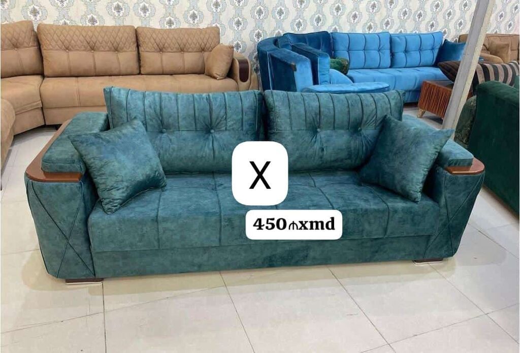 Mavi-yaşıl rəngdə 3 nəfərlik divan. - Yumşaq, məxməri toxumalı parça — Mebel, Bakı