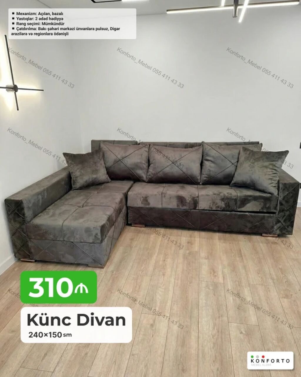 Künc divan – 240×150 sm ölçüdə, müasir dizayn. - Mexanizm: açılan