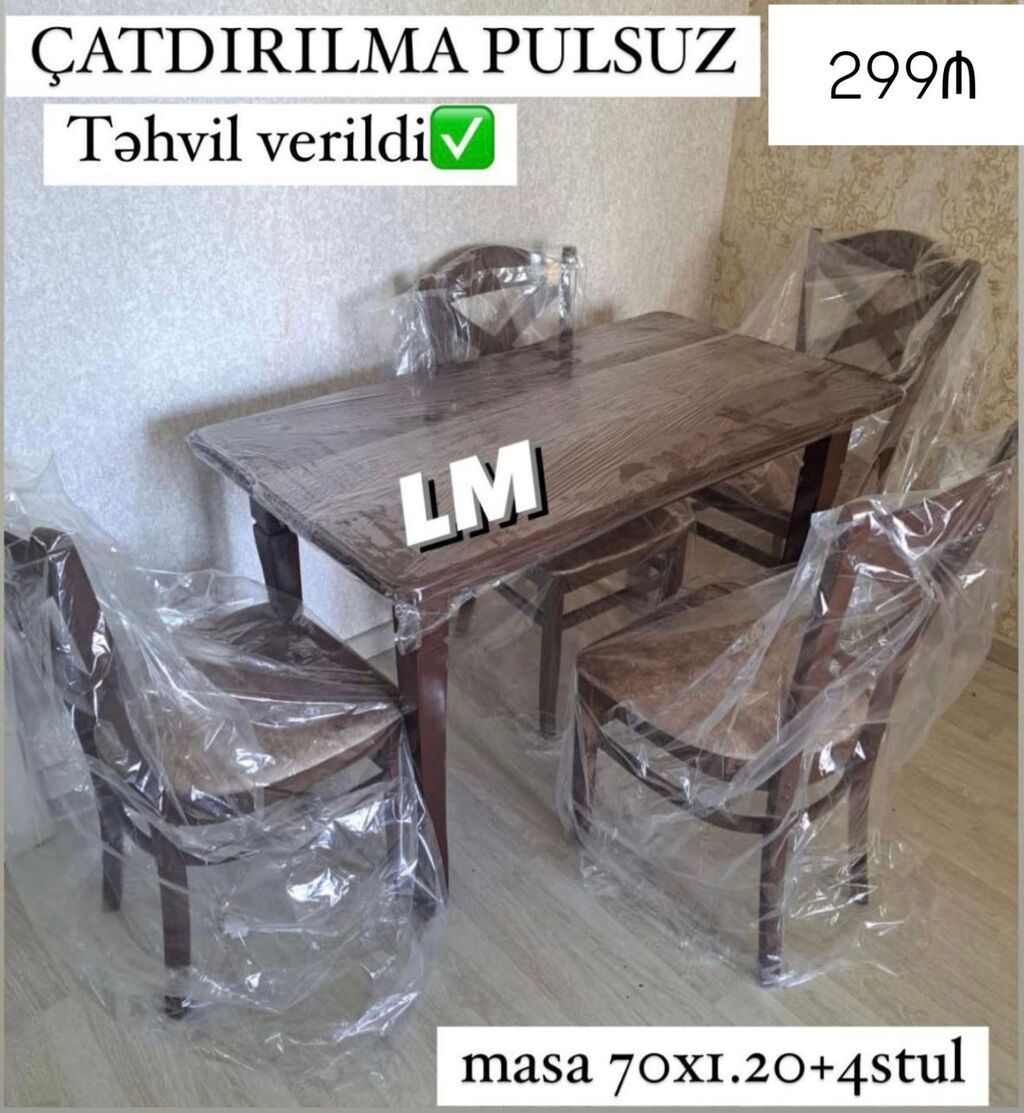 Mətbəx üçün, Yeni, Açılmayan, Dördbucaq masa, 4 stul