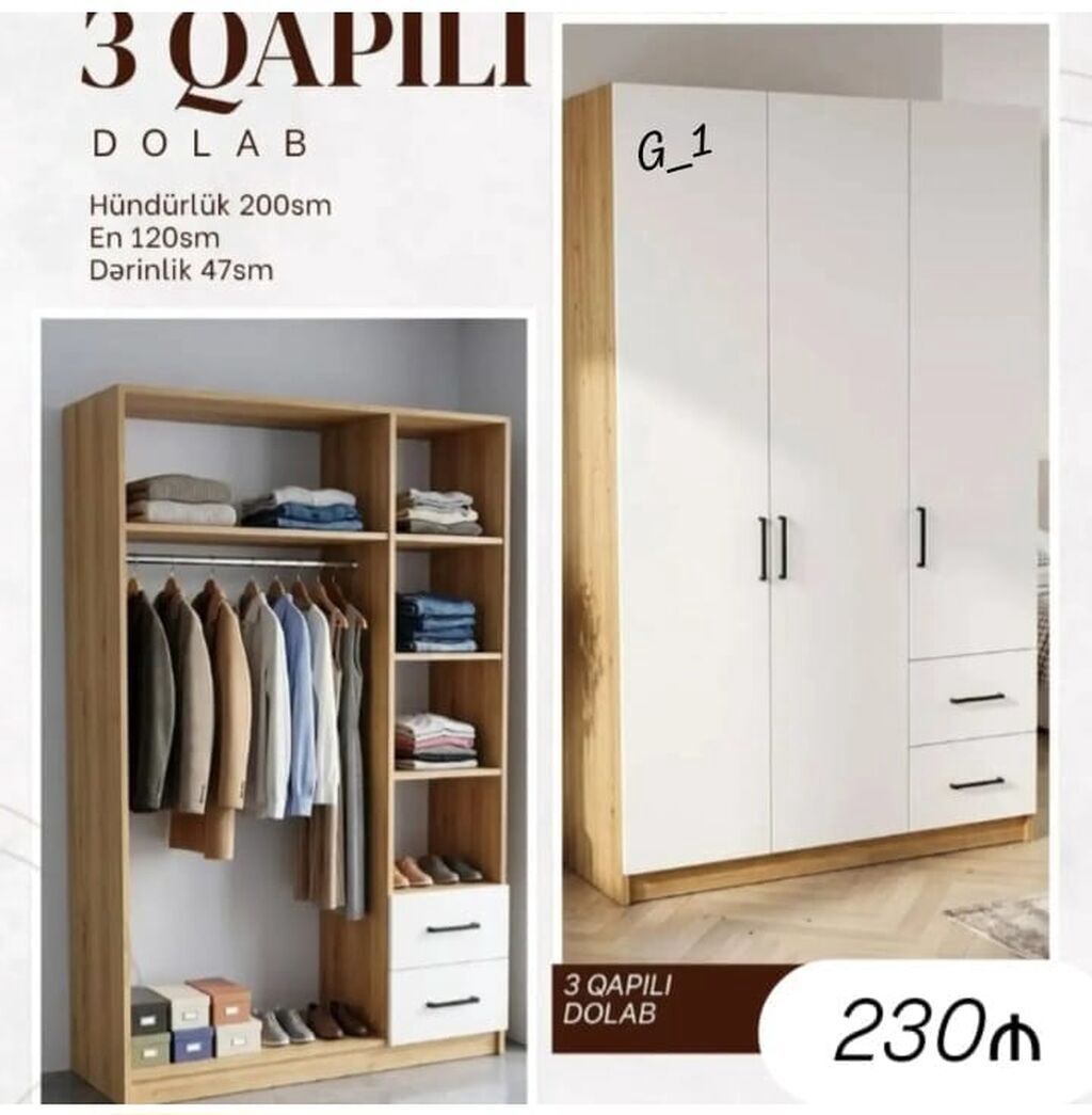 3 qapılı dolab Ölçülər: - Hündürlük: 200 sm - En: 120 sm - Dərinlik