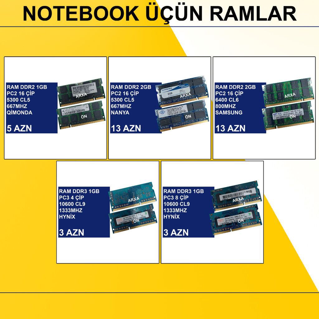Notebook üçün RAM DDR2 DDR3 modulları (ikinci əl)