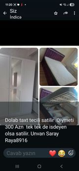 Dolab və taxt satılır. - Dolab: ağ rəngdə, 3 qapılı, ortada güzgülü — 2-ci əl əşyalar — Мебель