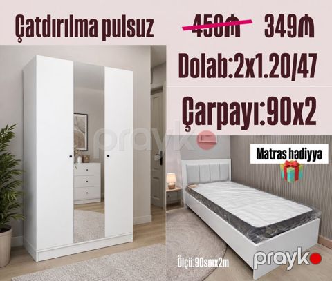 Ağ rəngli yataq otağı dəsti - Çarpayı: ölçü 90 x 200 sm (şəkildə — Bakı