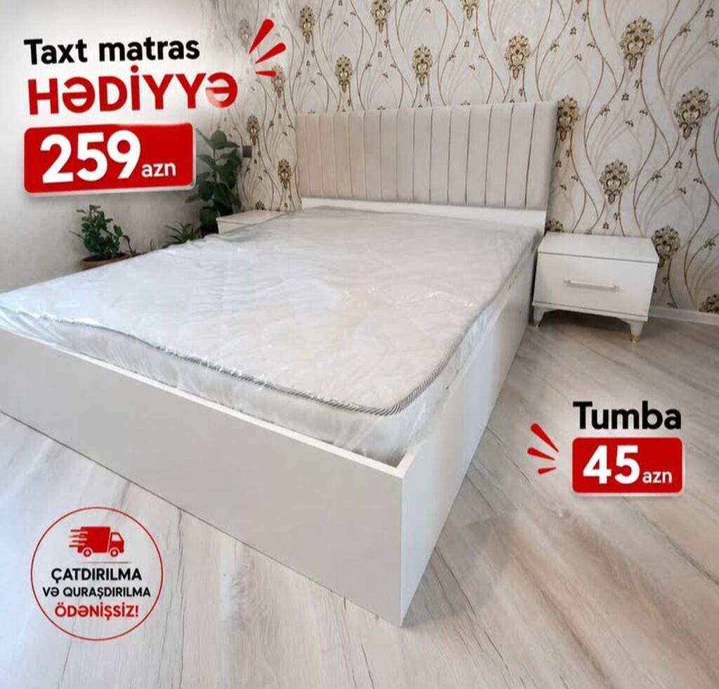 Ağ rəngdə müasir yataq dəsti. Yumşaq, hündür başlıqla dizayn edilmiş