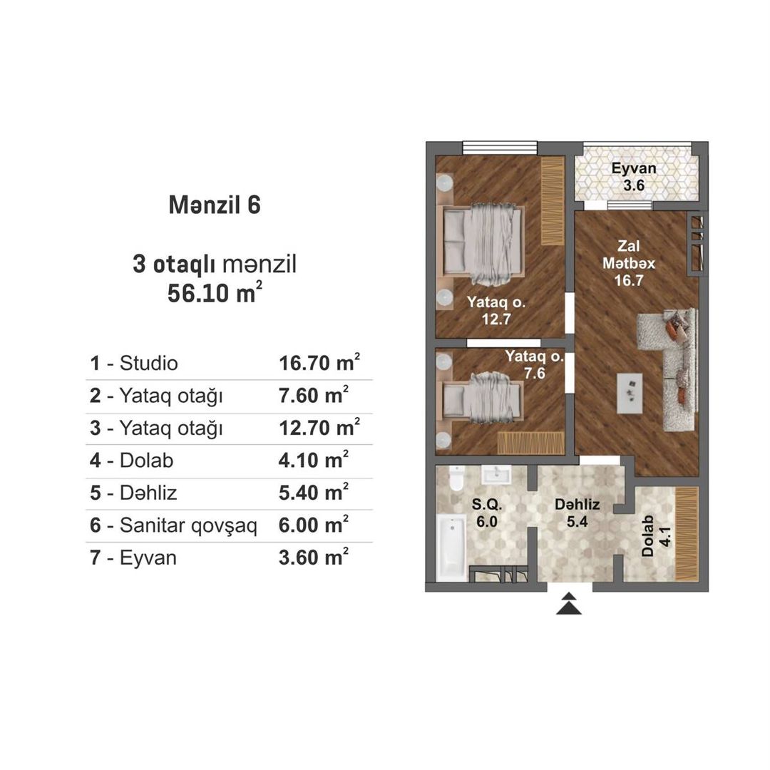 Satılır 3 otaqlı yeni tikili 56.1 m² — Mənzil, Bakı (2)