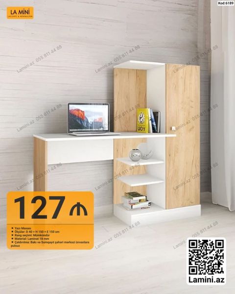 LA MINI yazı masası — rəfli və qapalı bölməli, 150×150 sm