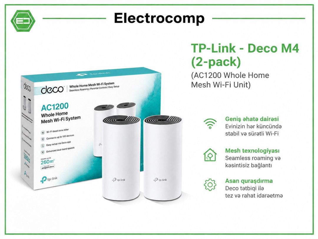 TP-Link Deco M4 (2-pack) – AC1200 Whole Home Mesh Wi-Fi — Şəbəkə və server avadanlığı, Bakı
