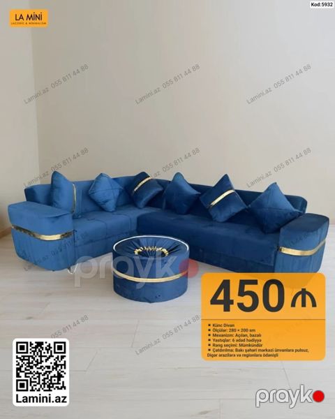 Kod: 5932 Künc divan + puf - Ölçü: 280 200 sm - Mexanizm: açılan — Bakı