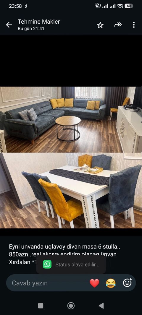 Eyni unvanda uqlavoy divan masa 6 stulla. 850azn. real alıcıya