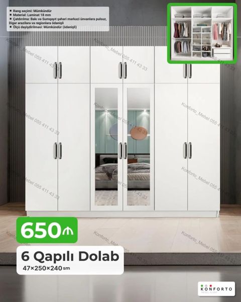 6 qapılı ağ paltar dolabı - Ölçülər: 47×250×240 sm - Material: 18 mm — Konforto Mebel — Şkaflar