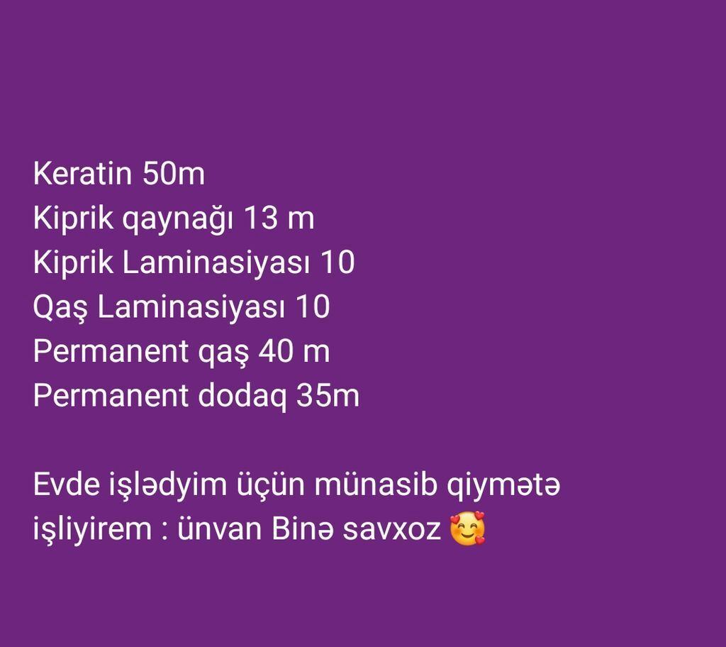 Gözəllik xidmətləri: - Keratin — 50 m - Kiprik qaynağı — 13 m - — Xidmətlər, Digah