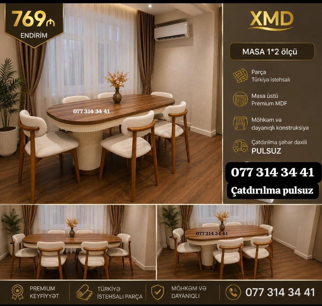 XMD yemək otağı dəsti – masa və 6 ədəd stul - Masa ölçüsü: 1×2 m - — Mebel, Xırdalan