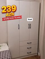 Ağ rəngli 3 qapılı və 3 çekmecəli geyim dolabı. Sadə, müasir dizayn; — Mebel