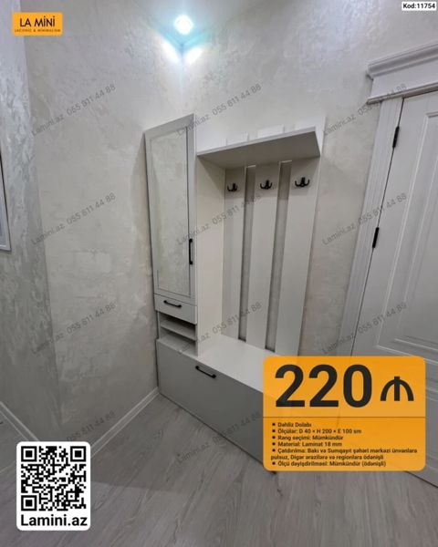 Dəhliz Dolabı - Ölçülər: D 40 × H 200 × E 100 sm - Rəng seçimi — Lamini Mebel — Dəhliz mebeli