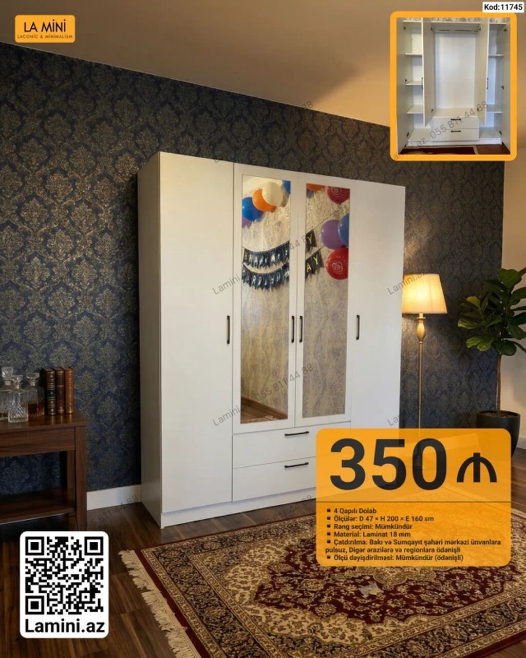 4 qapılı şkaf – La Mini - Ölçülər: Dərinlik 47 sm × Hündürlük 200 sm ×