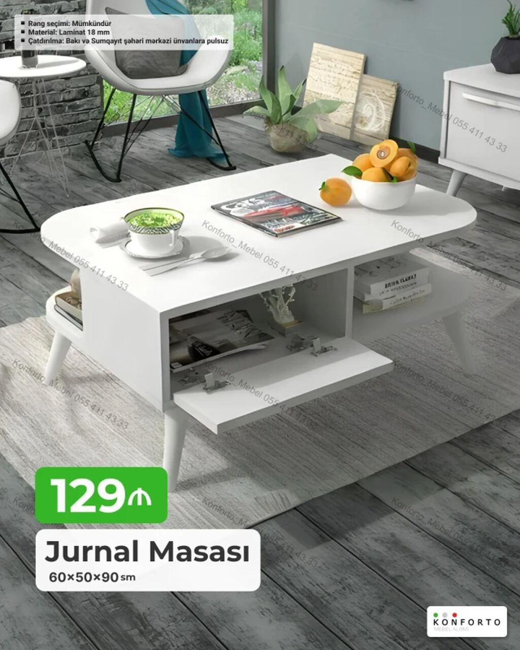 Jurnal masası – 60×50×90 sm - Material: 18 mm laminat - Rəng seçimi — Mebel, Bakı