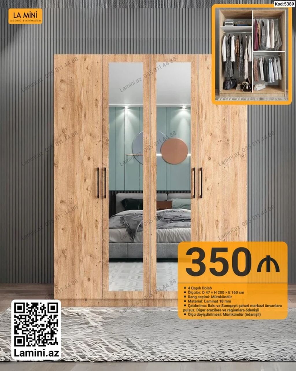 LA MİNI 4 qapılı dolab - Kod: 5389 - Ölçü: D 47 × H 200 × E 160 sm - — Mebel, Bakı