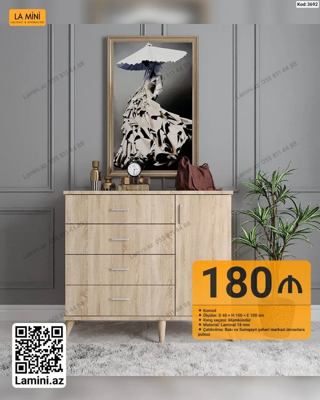 Məhsul: Komod (Kod: 3692) - Ölçülər: Dərinlik 40 sm × Hündürlük 100 — Mebel, Bakı