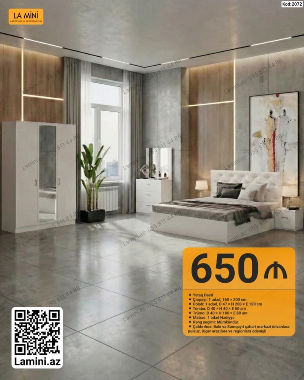 Yataq Dəsti – La Mini (Kod: 2072) Tərkibi və ölçülər: - Çarpayı: 1 — Mebel, Bakı