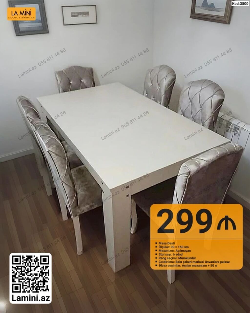 Masa dəsti - Masa ölçüləri: 90 x 160 sm - Mexanizm: Açılmayan - Stul — Mebel, Bakı