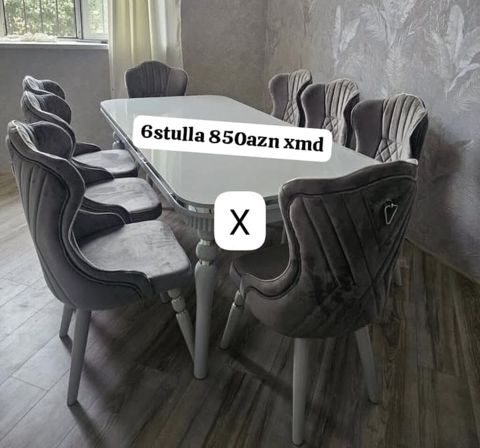 Yemək otağı üçün 6 ədəd stul dəsti. - Rəng: tünd boz (vəlyur toxumalı