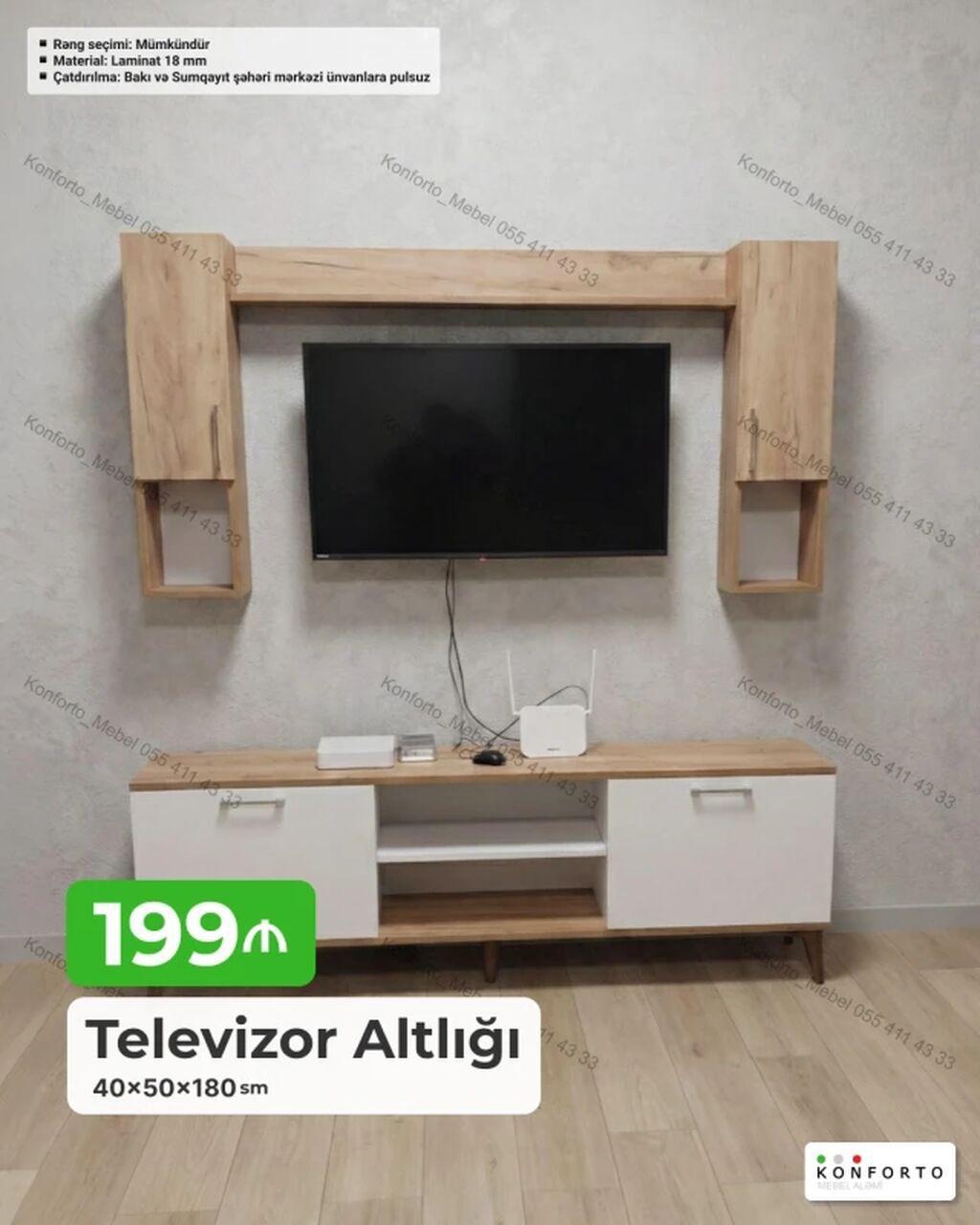 Televizor Altlığı – 40×50×180 sm - Dizayn: Divar paneli ilə birgə