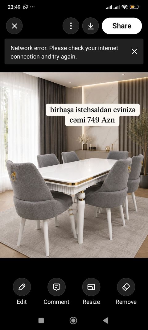 Yemək otağı dəsti – zərif dizayn - Dəst: 1 ədəd düzbucaqlı masa + 6
