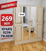 Endirimli 3 qapılı paltar dolabı - Klassik krem rəngli korpus, qızılı — Furniture