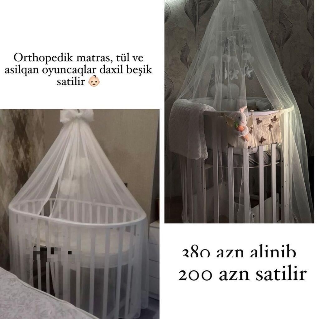 Ağ rəngli dairəvi uşaq beşiyi. Komplekt: - Ortopedik matras - Tül — Mebel, Bakı