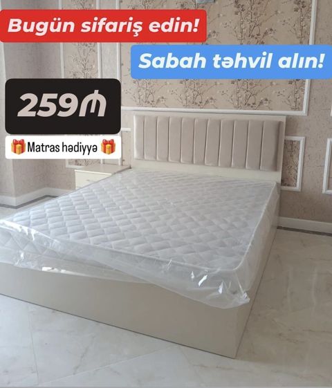 Yataq dəsti – yumşaq başlıqla, neytral açıq rəngdə, müasir minimalist