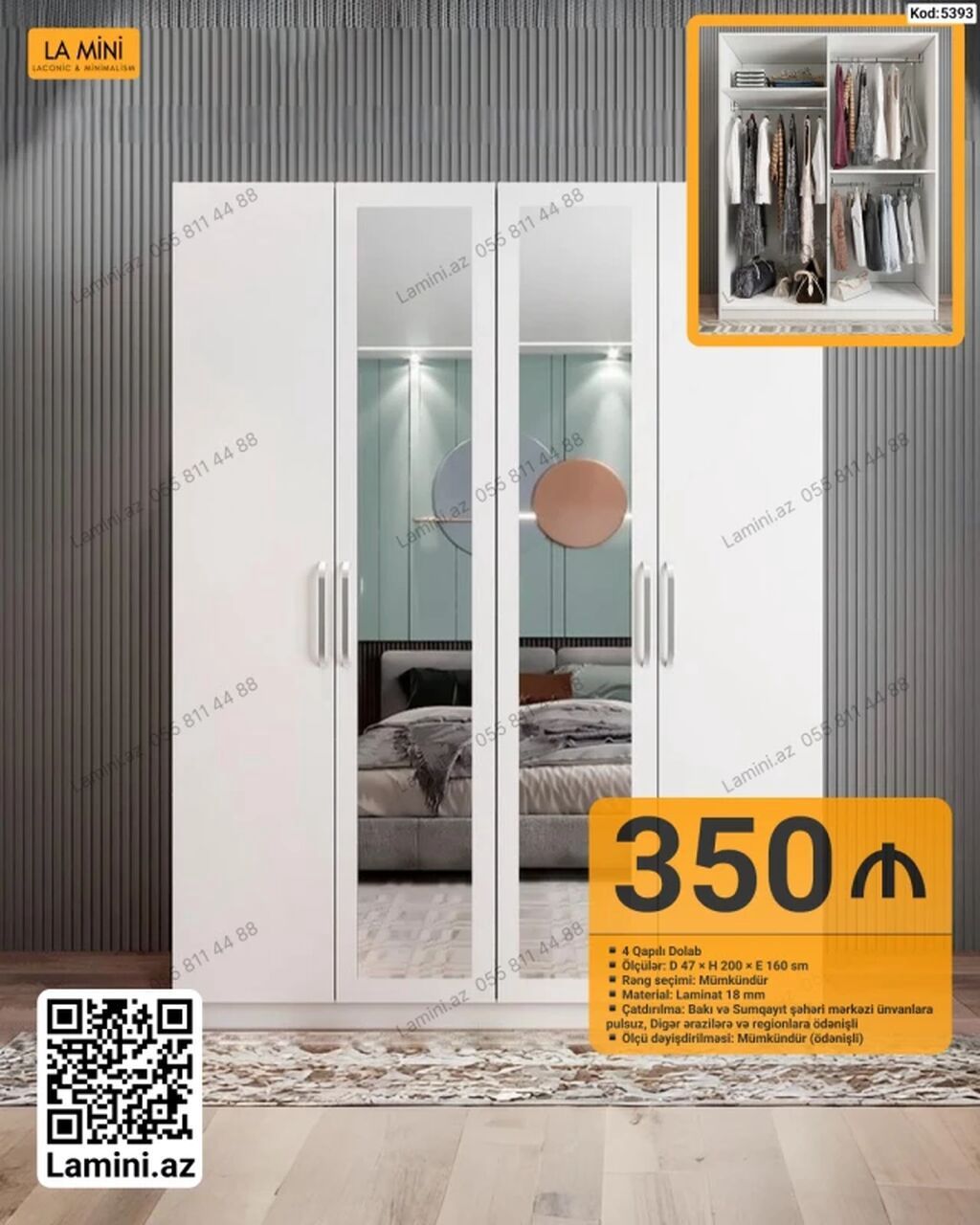 Dördkapılı paltar dolabı – LA MINI - Ölçü: D 47 x H 200 x E 160 sm - — Mebel, Bakı