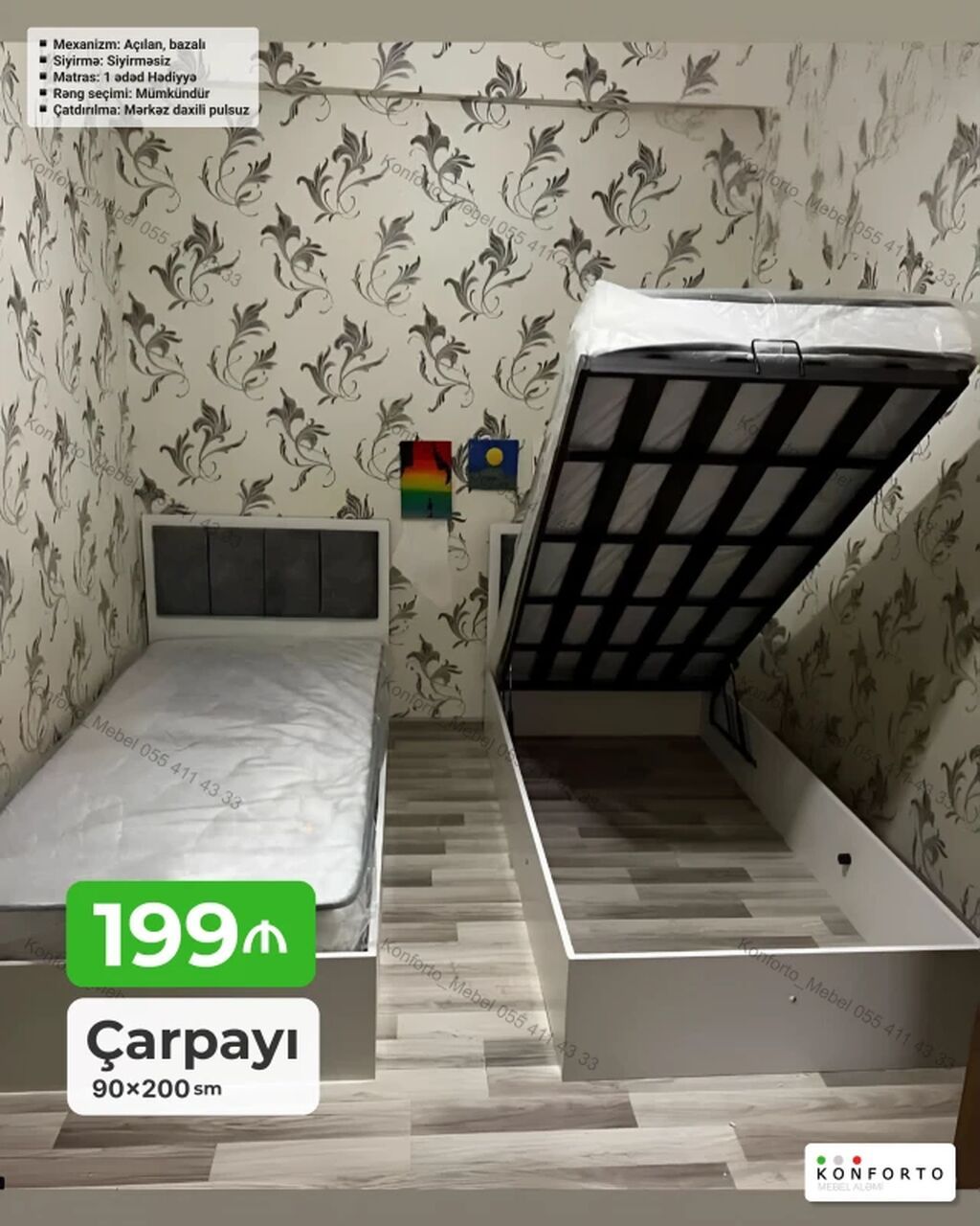 Çarpayı – 90×200 sm - Mexanizm: Açılan, bazalı (yuxarı qalxan saxlama — Yataqlar, Bakı