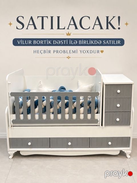 Uşaq çarpayısı və komodlu beşik dəsti — ağ və boz, taxta — Xırdalan