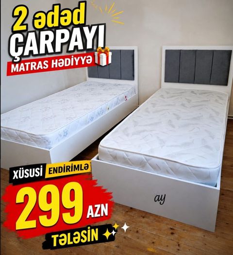 Məhsul: 2 ədəd tək nəfərlik çarpayı - Rəng: Ağ karkas, boz başlıq