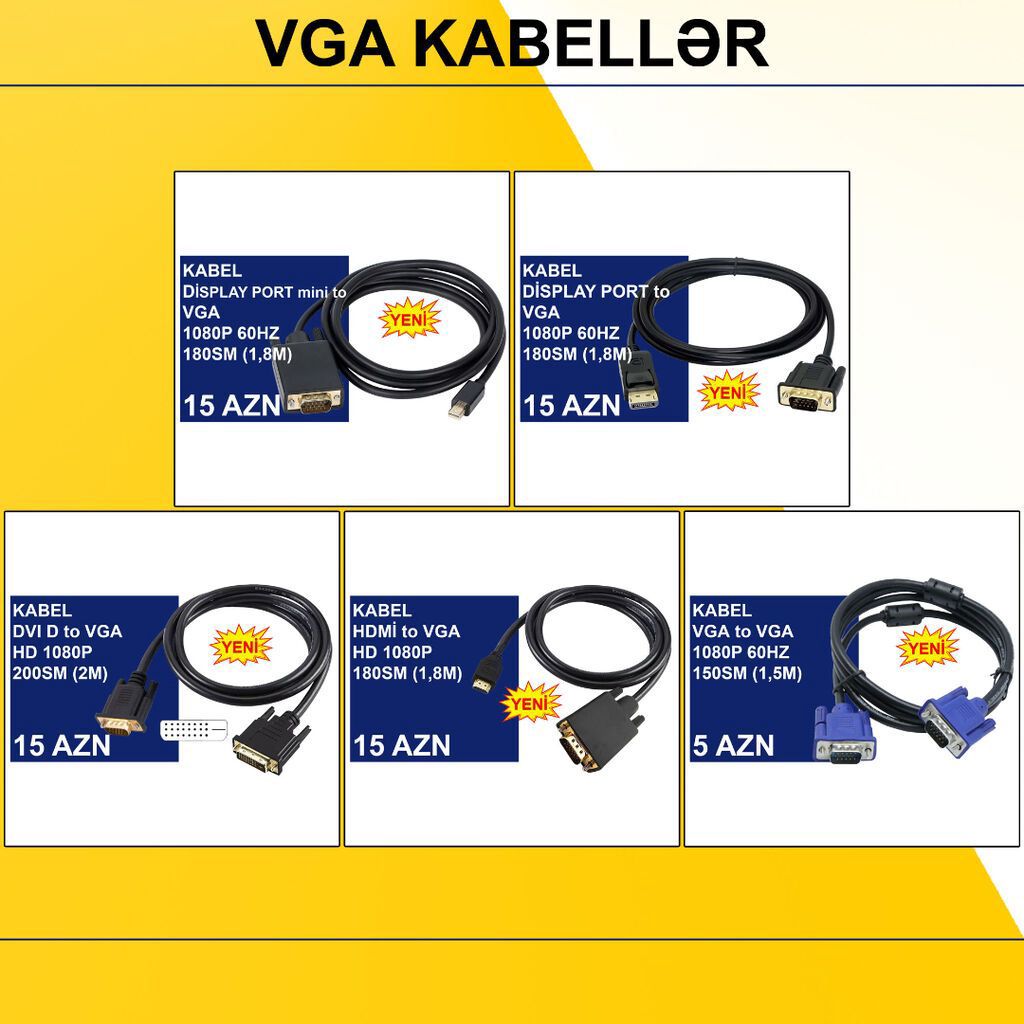 VGA kabellər ⭐Display Port to VGA 1,8m 1080P 60HZ – 15 AZN ⭐Display