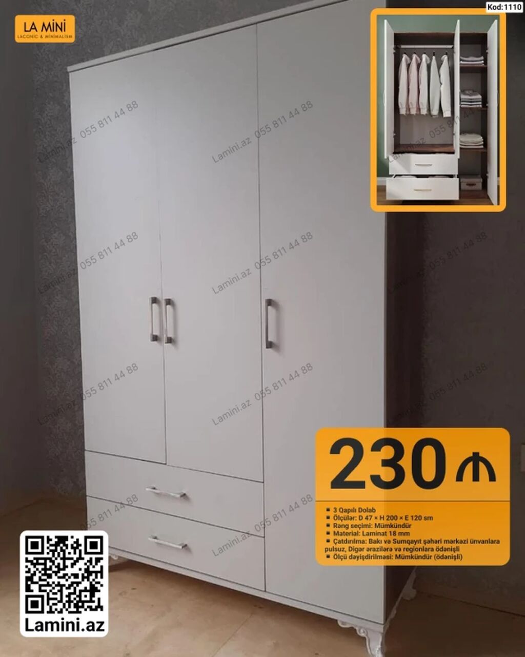 3 qapılı paltar dolabı – Kod: 1110 - Ölçülər: D 47 × H 200 × E 120 sm