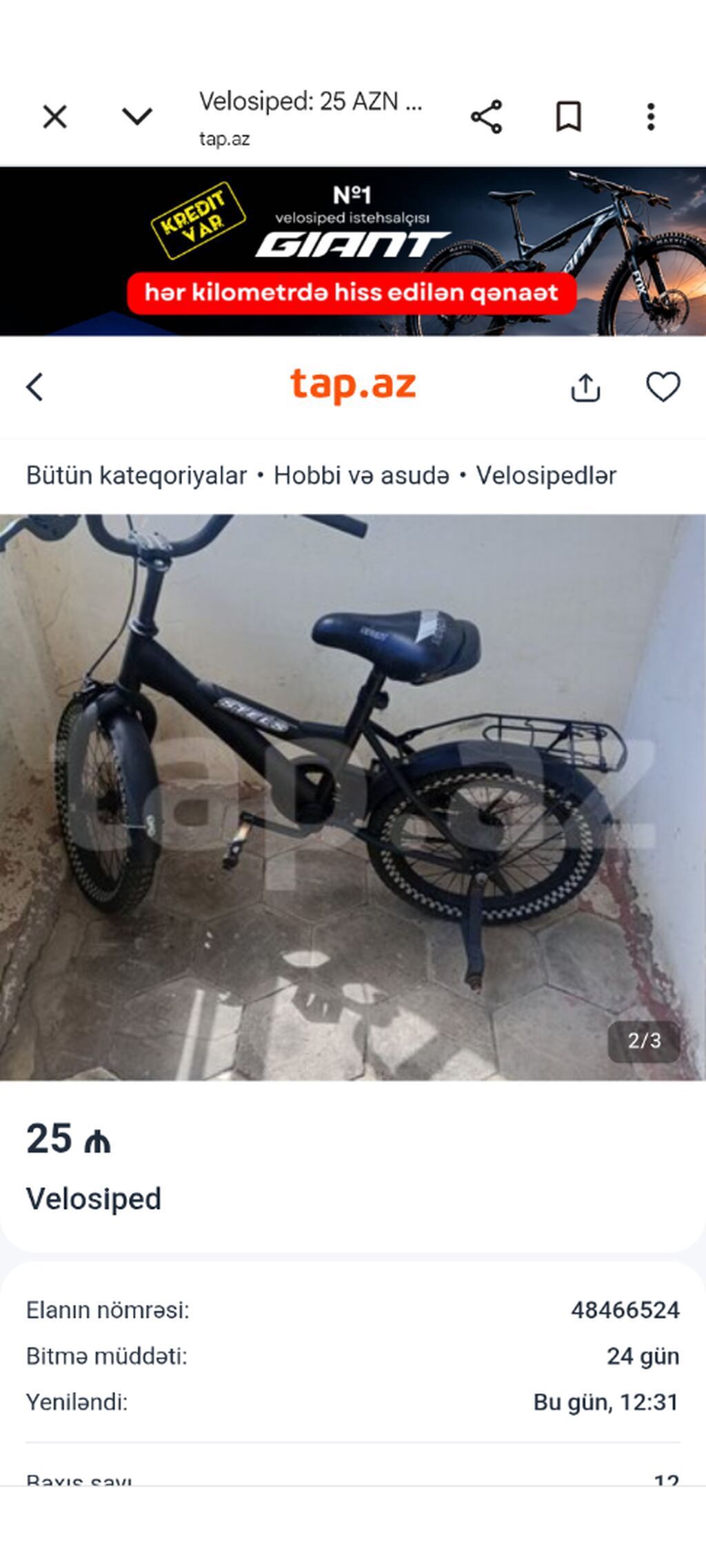 Uşaq velosipedi – STELS, qara rəng. Xüsusiyyətlər: - Təkər ölçüsü — Uşaq velosipedləri, Bakı