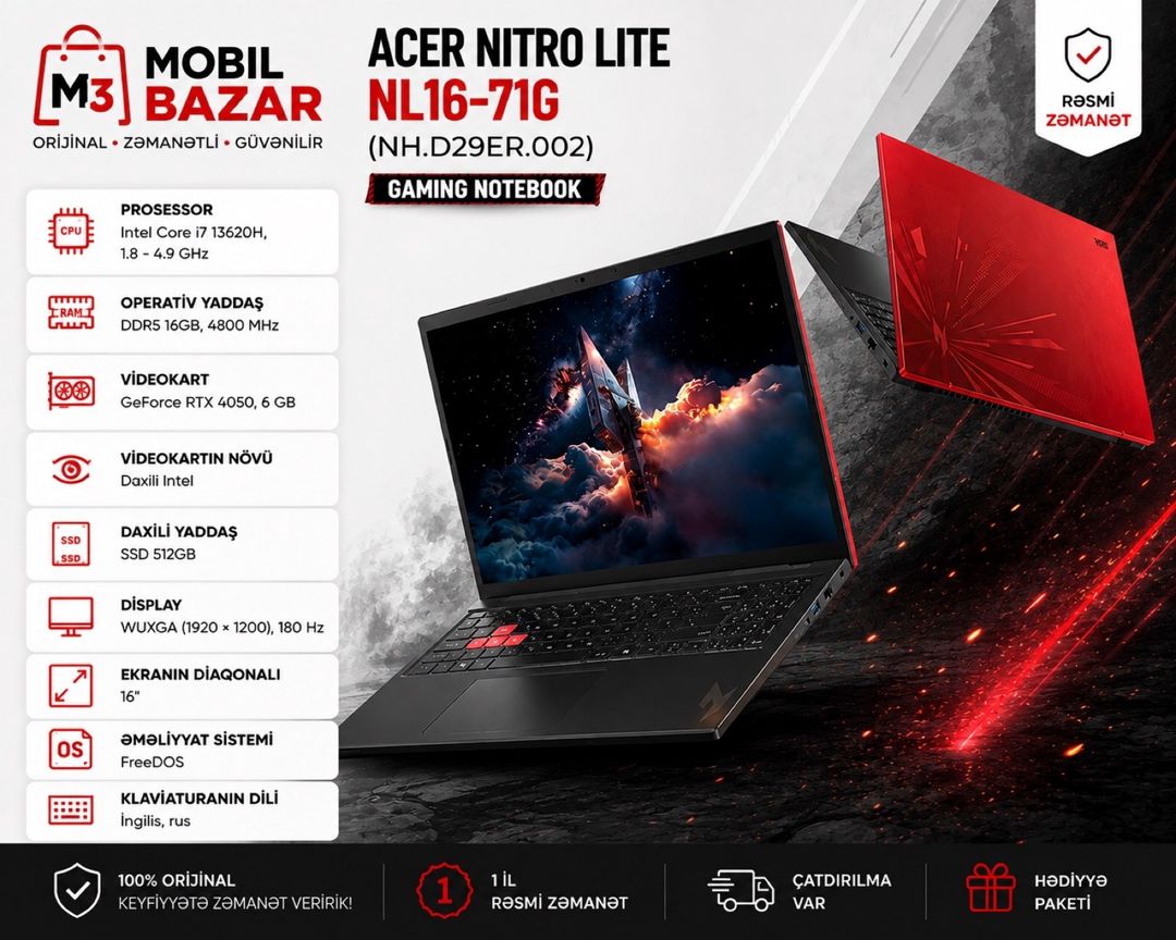 Acer Nitro Lite NL16-71G (NH.D29ER.002) — Elektronika, Bakı